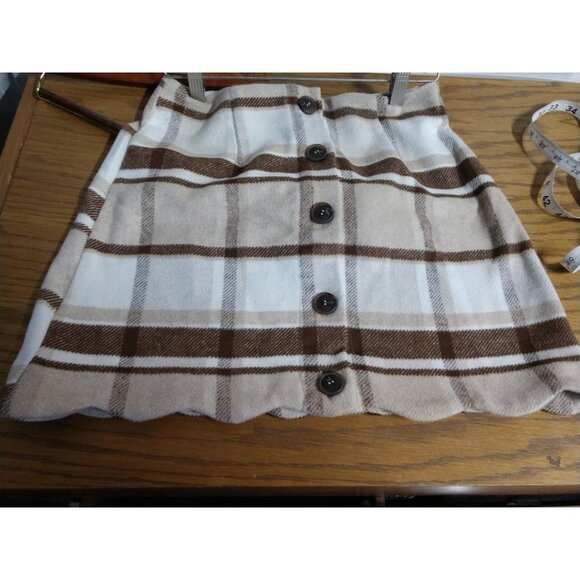 Plaid Button-Up Mini Skirt With Scalloped Hem  E & M  S  Beige & Brown Wool-Blen - Picture 3 of 8